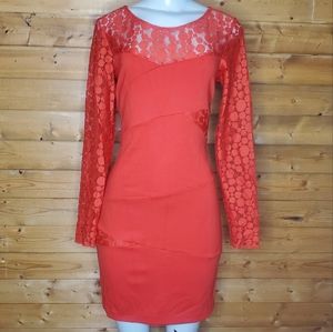 ❤ GIANNI BINI Red dress long sleeves bodycon with zipper lace Size M